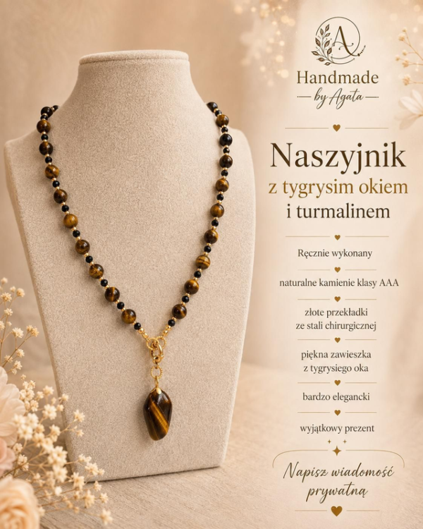 Naszyjnik z tygrysie okiem i turmalinem – zdjęcie 3