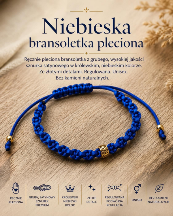 Niebieska bransoletka pleciona makramą ze złotymi detalami Niebieska bransoletka pleciona makramą ze złotymi detalami – zdjęcie 2