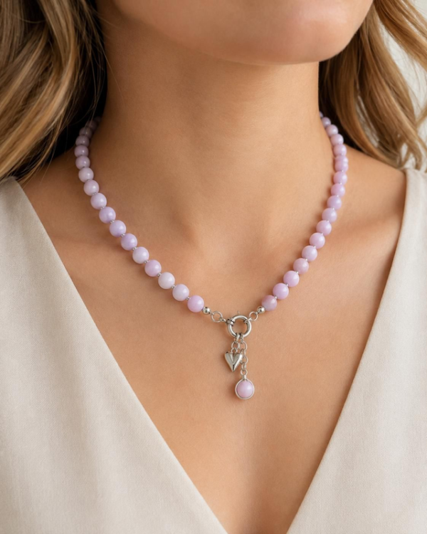 Zestaw biżuterii z kunzytu – naszyjnik i bransoletka handmade – zdjęcie 6